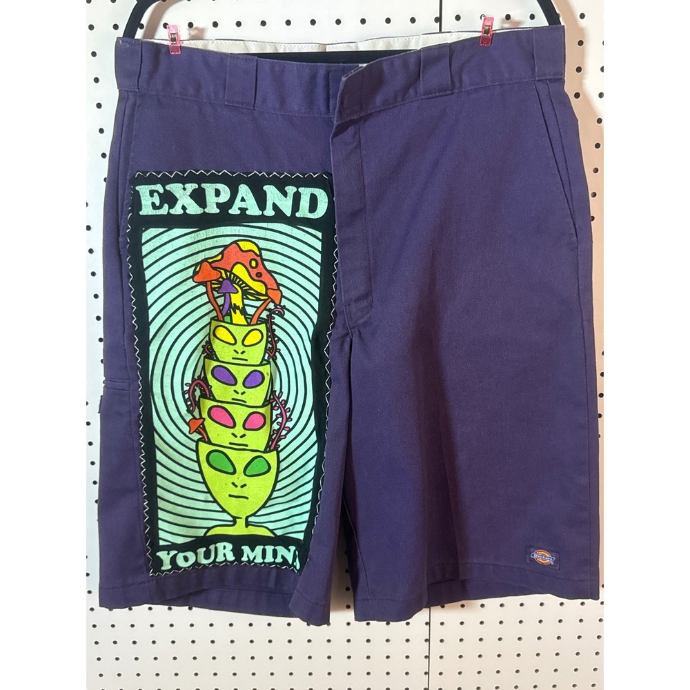 Upcycled Dickies Shorts Purple Alien Mushroom Graphic Patch One of One